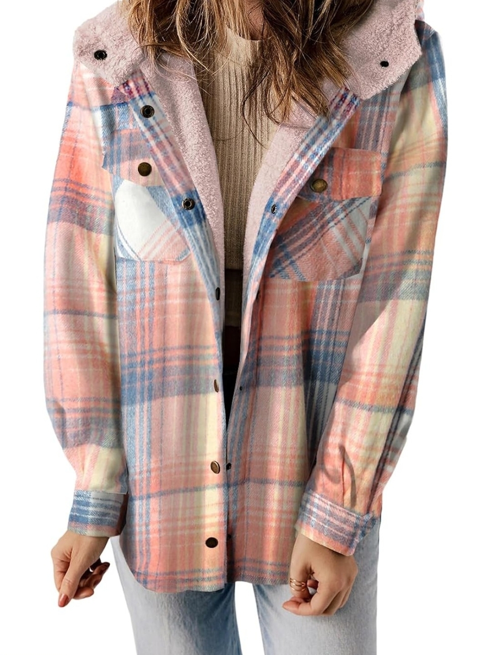 Plaid Sherpa-Lined Utility Jacket - Pink & Blue